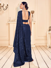 Navy Blue Faux Georgette Embroidered Saree